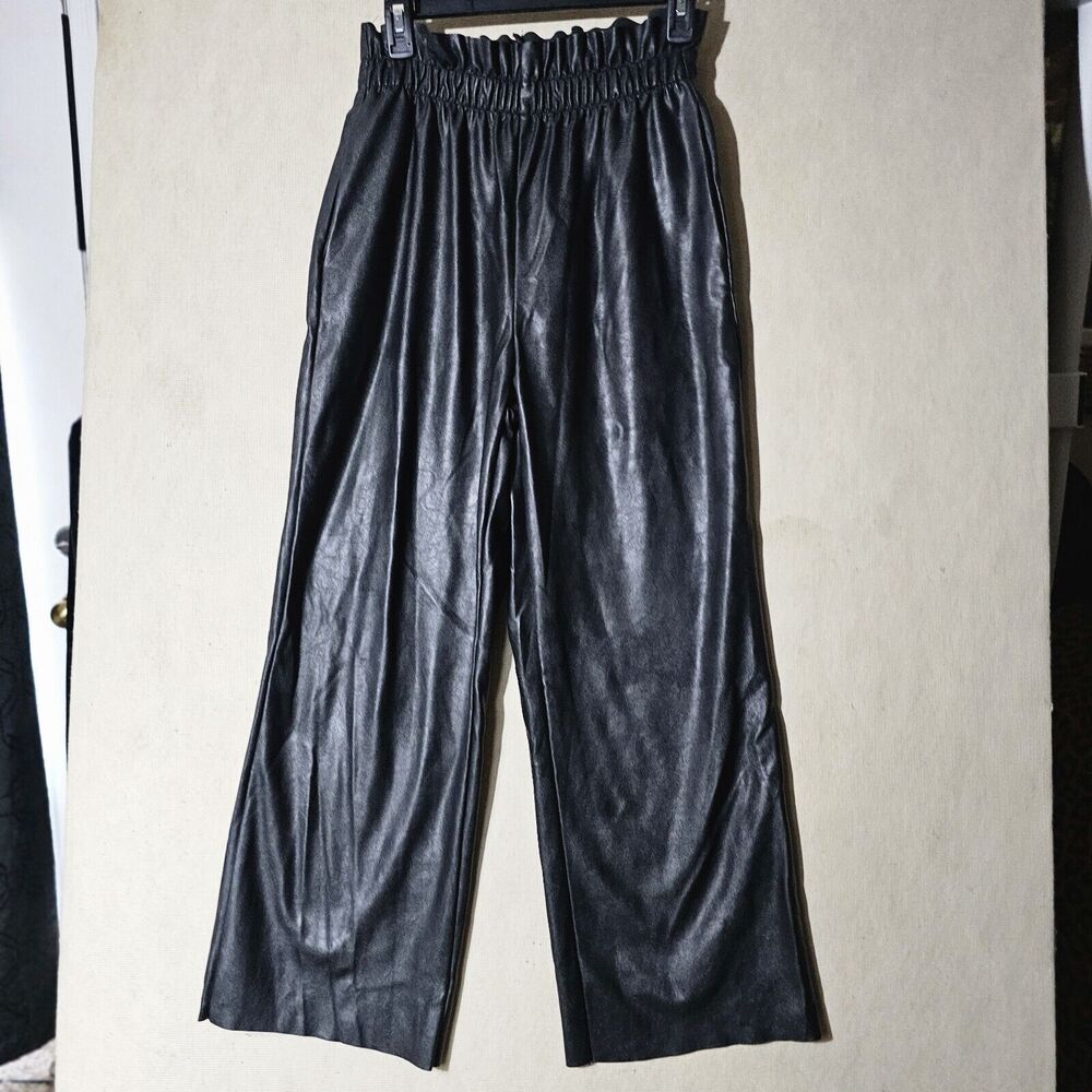 H&M Divided Vegan Black Faux Leather Pants Size 6 Pockets Elastic Waist Oversize